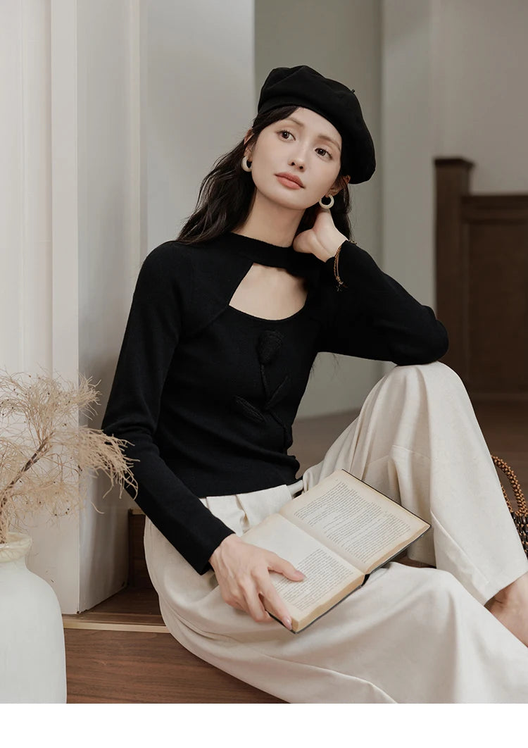 MISHOW Women’s Black Tulip Knitted Sweater French Vintage Hollow Out Sweaters Mock Neck 2024 Fall Elegant Slim Top MXD42Z0731