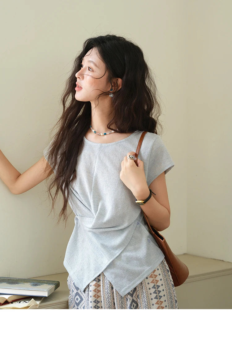 MISHOW Round Neck Knitted T-Shirt Irregular Design Button MXE39T0709