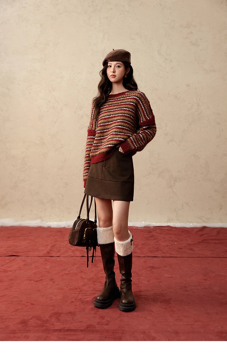 MISHOW Christmas Retro Striped Wool Blend Sweater Women Button Decoration Women Clothing Thick O-Neck Knitted Tops MXD59Z1060