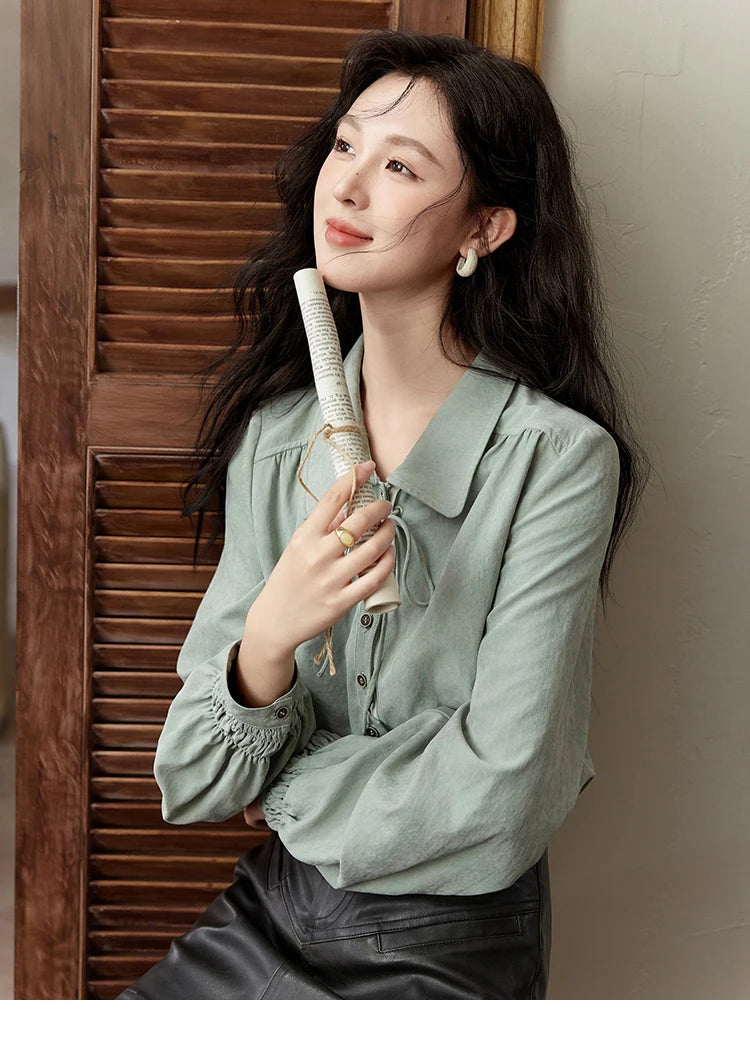 MISHOW Vintage Green Blouse Bow Lace-Up Lantern Sleeve MXD44C0337
