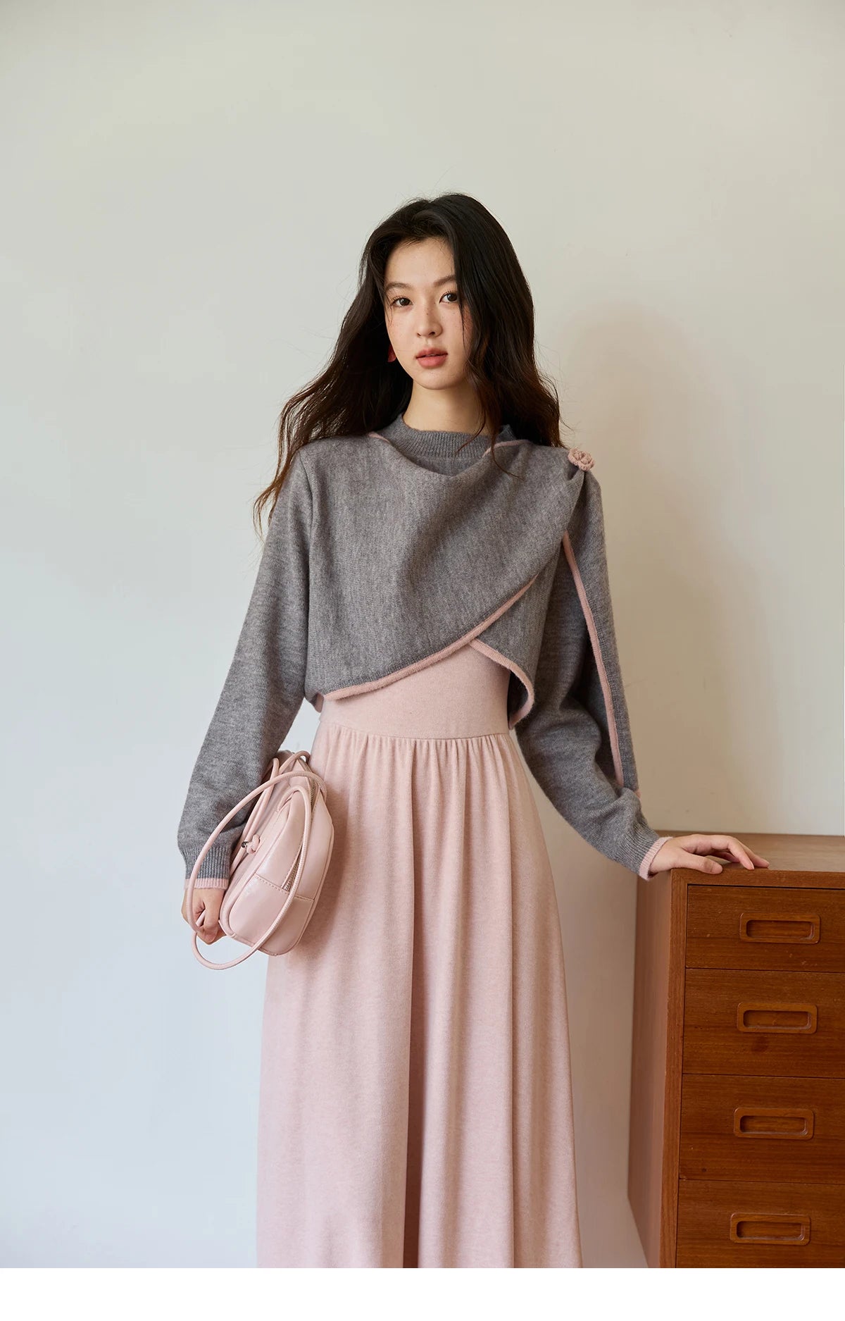 MISHOW Women's Knitted Suit 2025 Autumn Sweet Style Irregular Round Neck Top Pink Suspender Dress Slim Two-piece SuitMXE49T1397