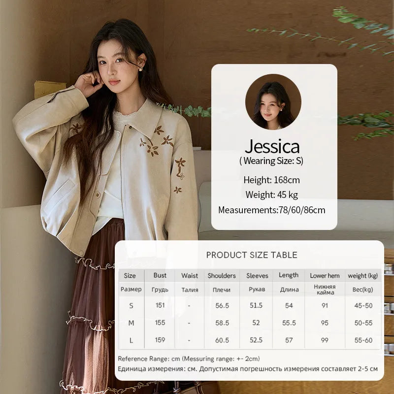 MISHOW Women's Imitation Suede Jacket2026 Spring Floral Embroidery Lapel Zipper Coats Long Sleeve Casual Outerwear MXF11W1027