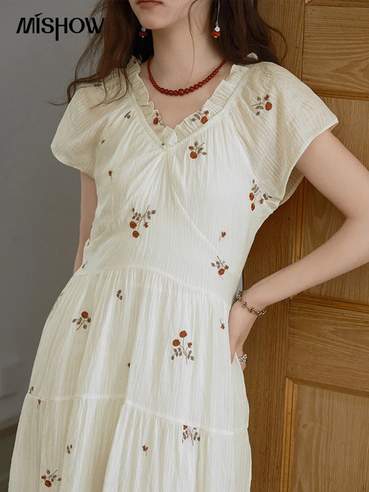 MISHOW Women's V-neck Chiffon Embroidery Dress 2025 Summer New Fashion Lace Splicing Print Dresses Women's Clothing MXE39L2382