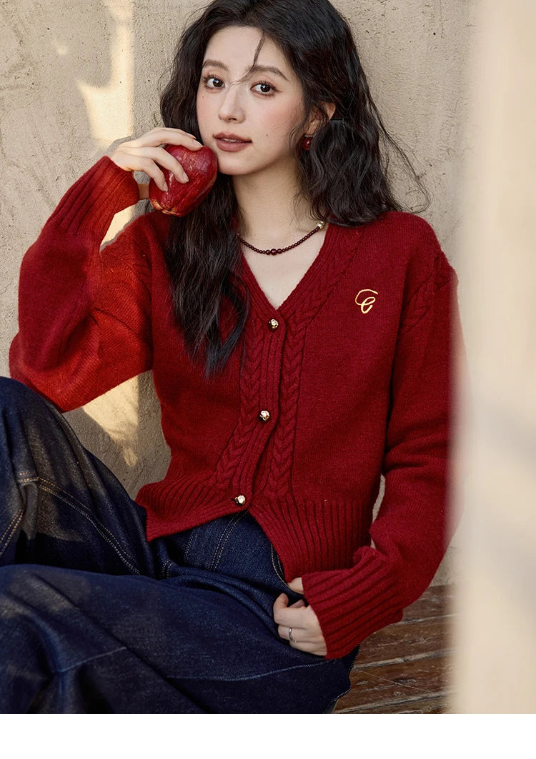 MISHOW Elegant V-neck Sweater Women's Long-sleeved Knitted Jacket 2025 Fall Winter New Korean Vintage Short Cardigan MXD48Z0848