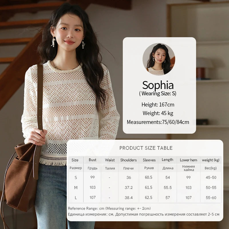 MISHOW Bohemian Lace Hollow Top for Women 2025 Autumn Hem Tassel Lace Breathable Top Beige White Casual Knitted Tops MXE41X2466