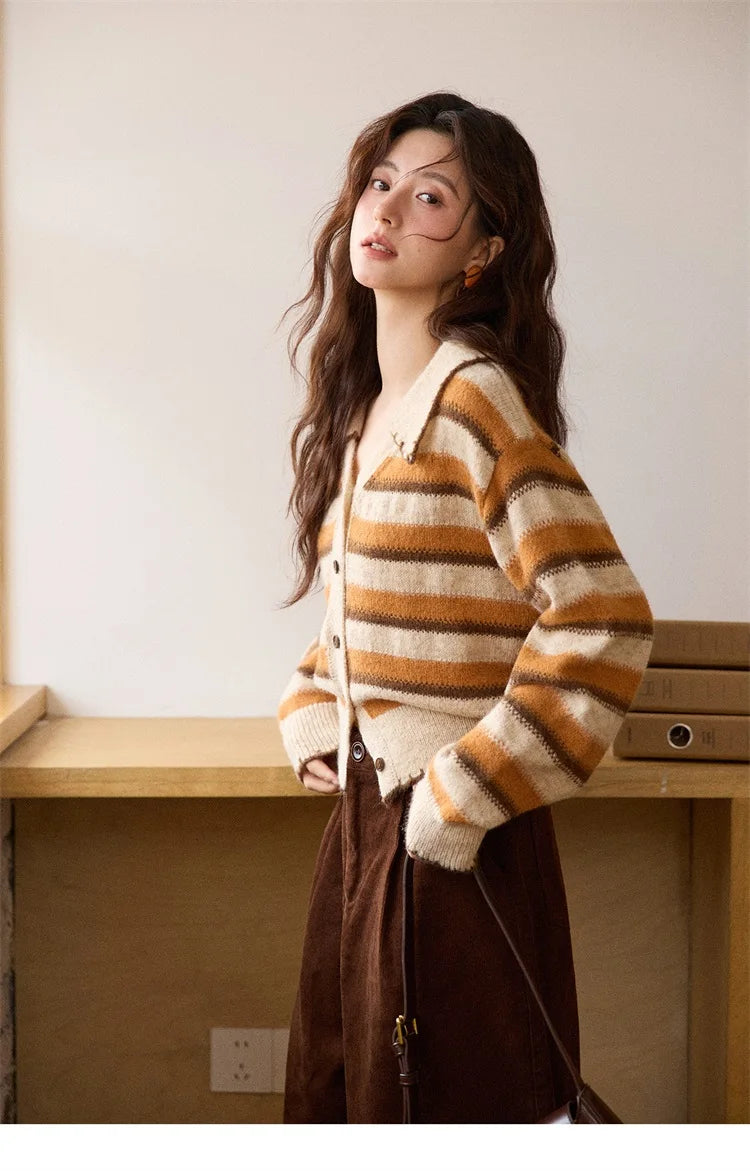 MISHOW Striped Cardigan for Women 2025 Winter Retro Unique Design V-neck Single-breasted Sweater Wool Long Sleeve Top MXE87Z2681