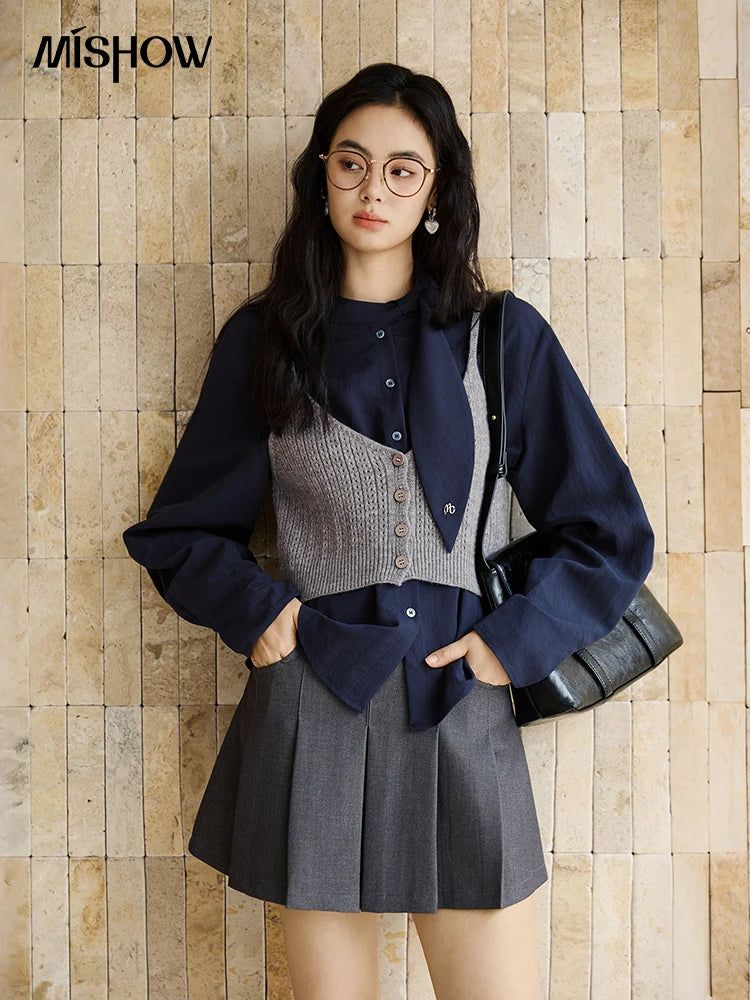 MISHOW Woman Shirt Set 2025 Autumn Fashion New Navy Blue Ribbon Design Layered Shirt Knit Camisole Two-piece Suit MXE47T1412