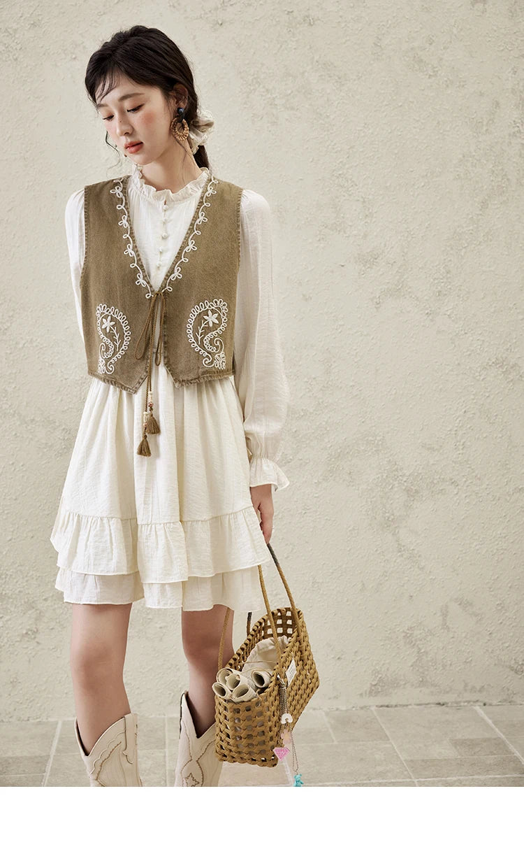 MISHOW Spring Elegant Vests Dress Separately Women 2025 Solid Long Puff Sleeve Midi Dresses Print Denim Vest Fashion MXE16L2197