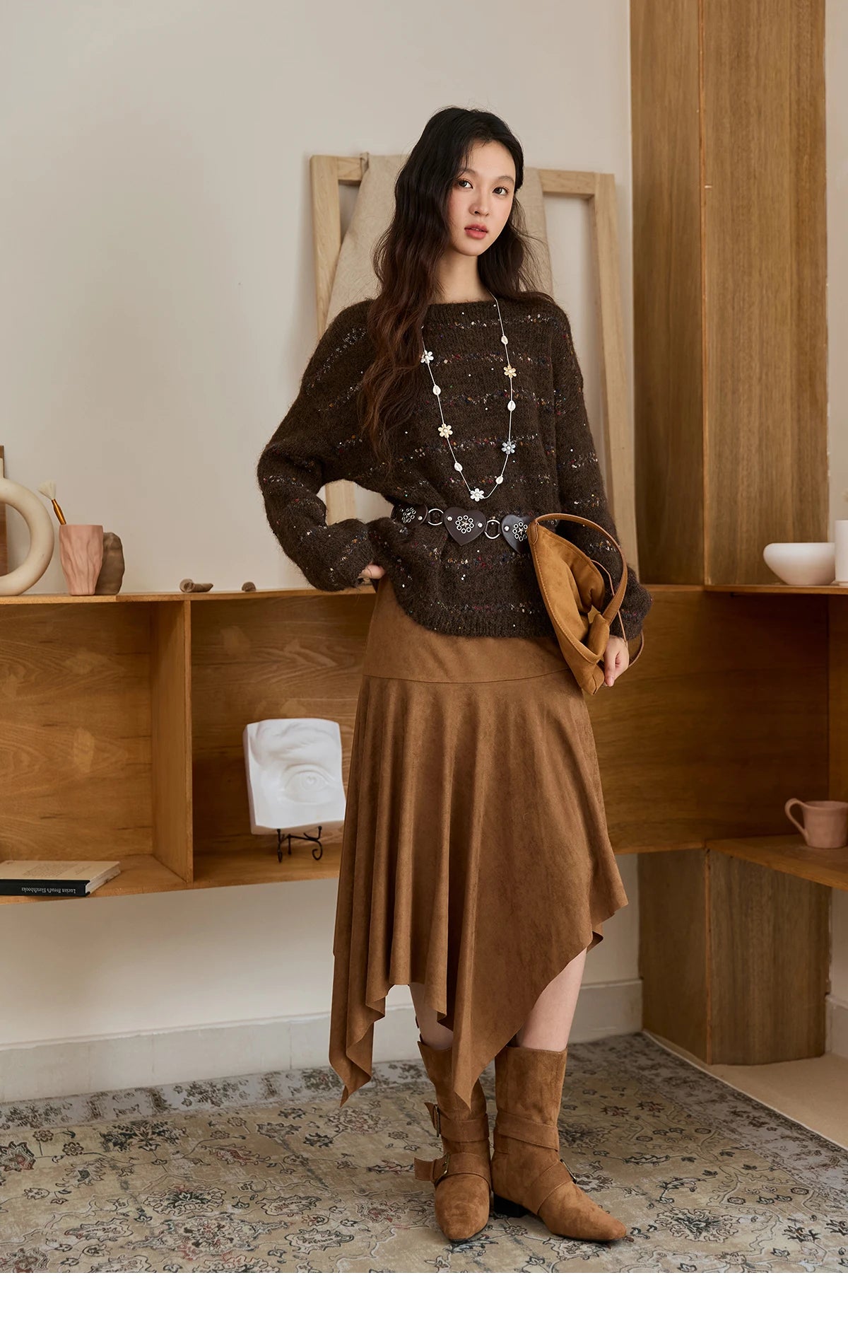 MISHOW Brown Chrysanthemum Yarn Sweaters Women Beltless 2025 Autumn Wool Blend Loose Round Neck Retro Knitted Tops MXE47Z2574