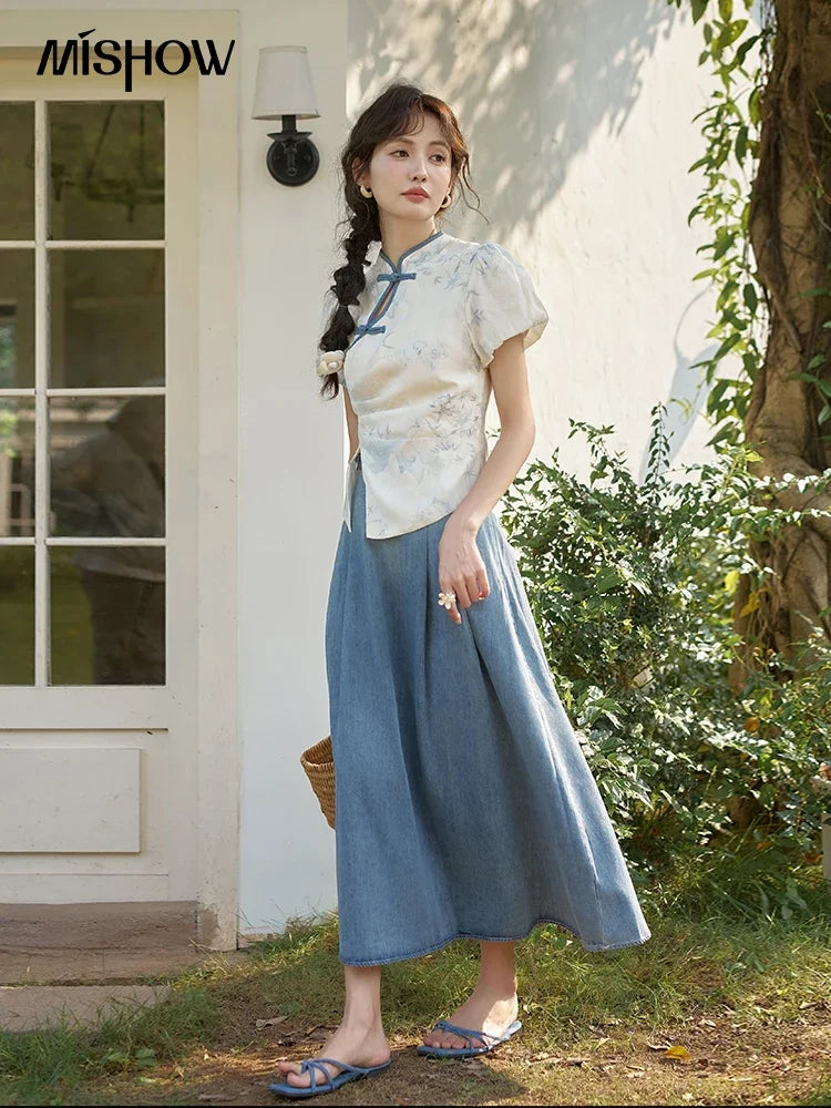 MISHOW Chinese Embroidered T-shirt High Waist Skirt Separately Summer 2024 Short Sleeve Split Hem Tops Denim Skirts MXD28X1604
