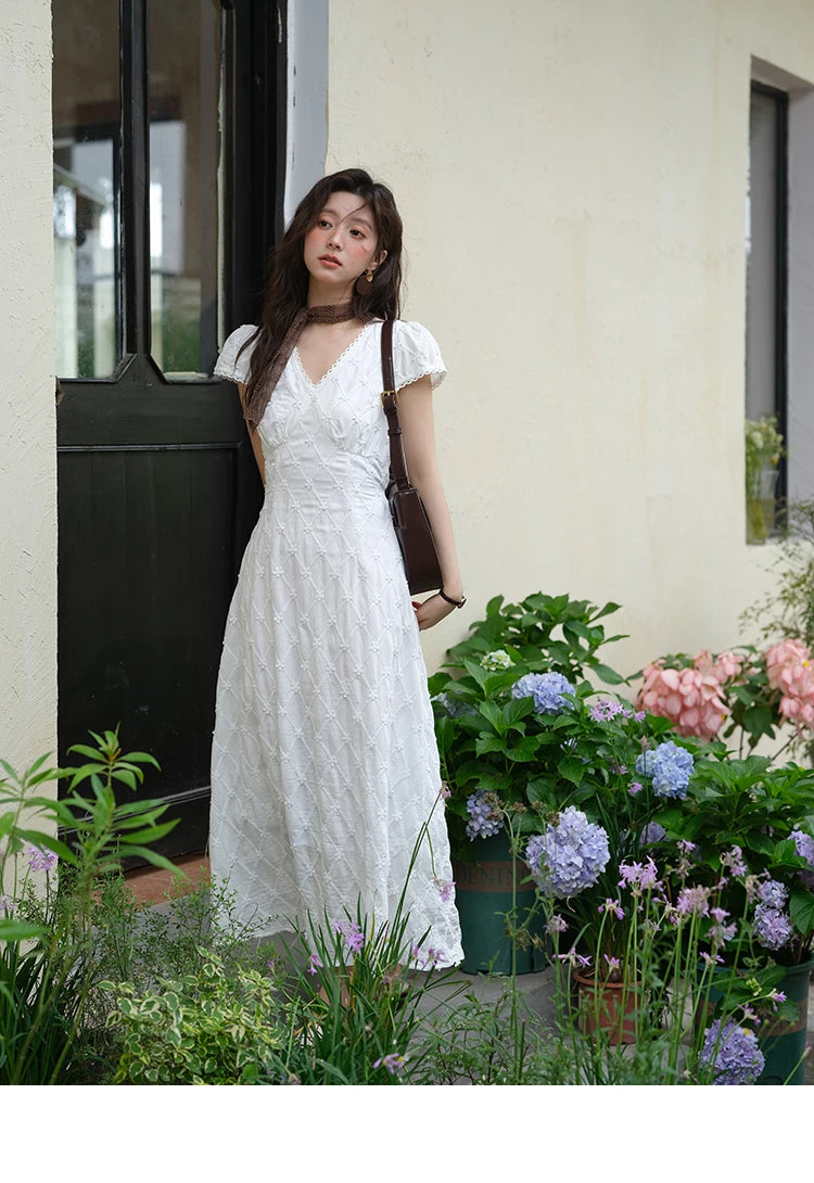 MISHOW Women's V-neck Lace Spliced Dress 2025 Summer New Embroidery Vacation French Style Jacquard Mid-Length Dresses MXE38L2378