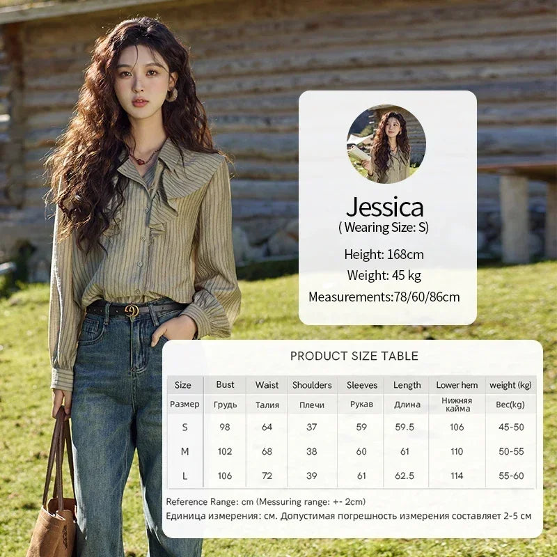 MISHOW Retro Button Long Sleeved Striped Shirt for Women 2024 Autumn Korean Flounce Polo Neck Casual Tops Office Lady MXD41C0321