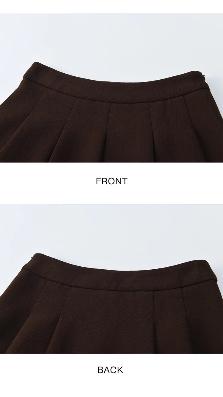 MISHOW Woman Suits 2025 Autumn Retro Brown V-Neck Sweatshirt Pleated Skirt Suit Striped Waist Belt Casual Two-piece MXE47T1415