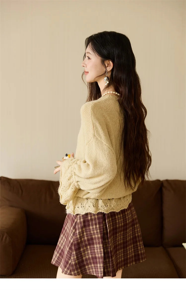 MISHOW Elegant Cardigan Women 2025 Autumn Design Hollow Knit Sweater V-neck Flared Sleeves Loose Casual Sweater MXE47Z2513