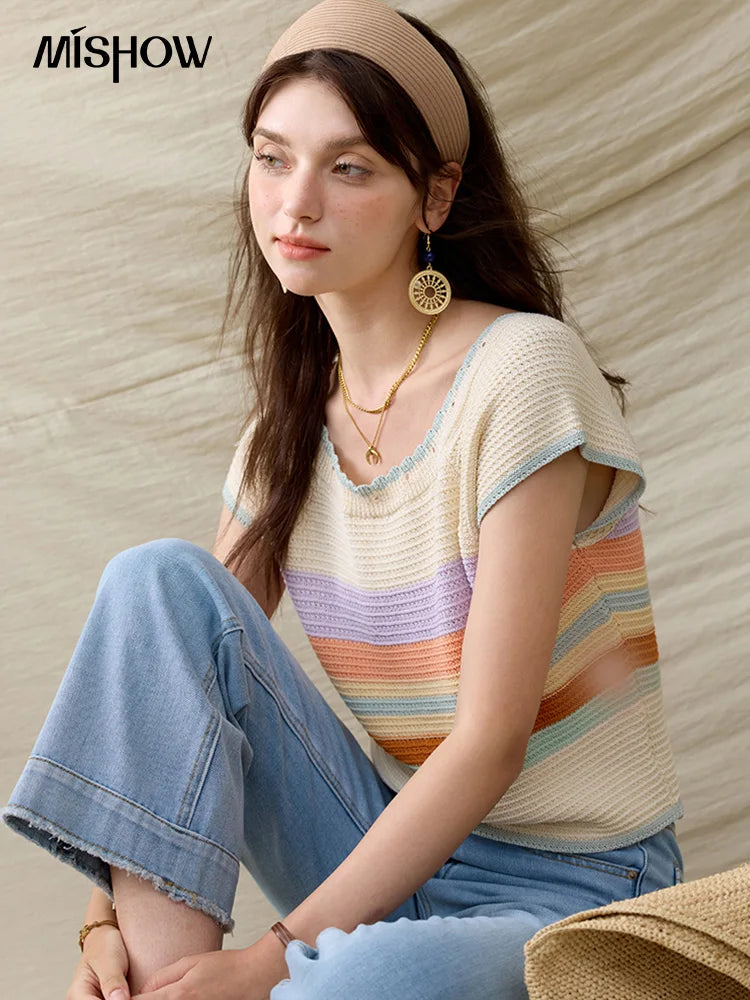 MISHOW Casual Stripe Knitted Pullover Women Summer New 2025 Short Sleeve Round Neck Slimming Tops Female Office Lady MXE31Z1222