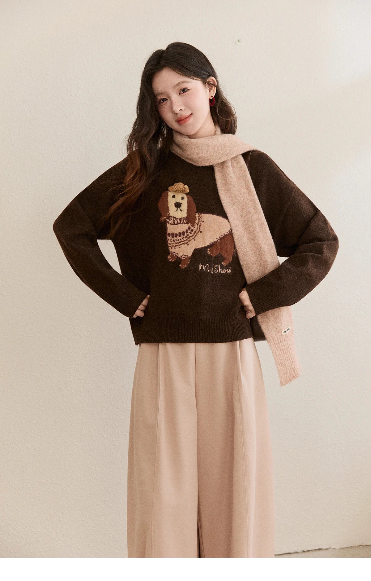 MISHOW Women's French Crew Neck Pullover Sweaters 2025 Winter Loose Dog Jacquard Knitted Top (Scarf Not Included) MXE94Z2890