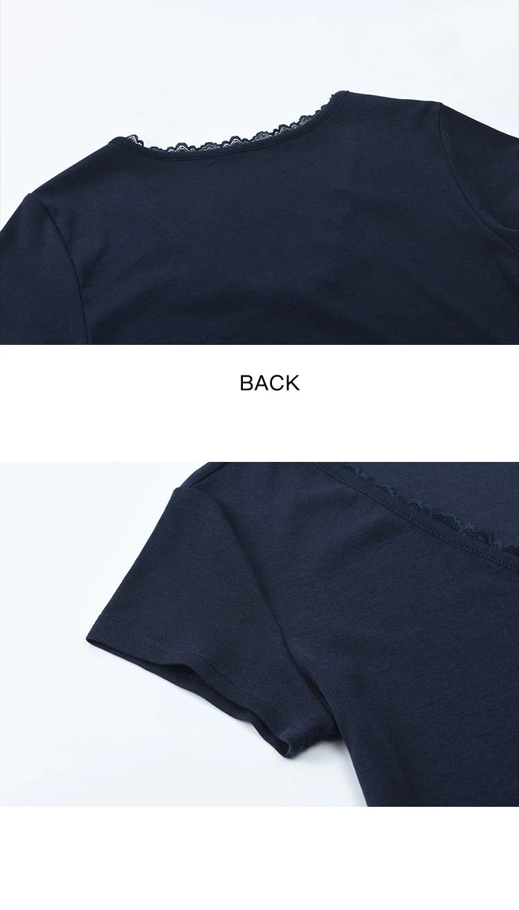 MISHOW Women's Short Sleeve T-shirt 2025 Summer Office Lady Fashion V-neck Spliced Lace Casual Tee Female Clothing MXE36T0644