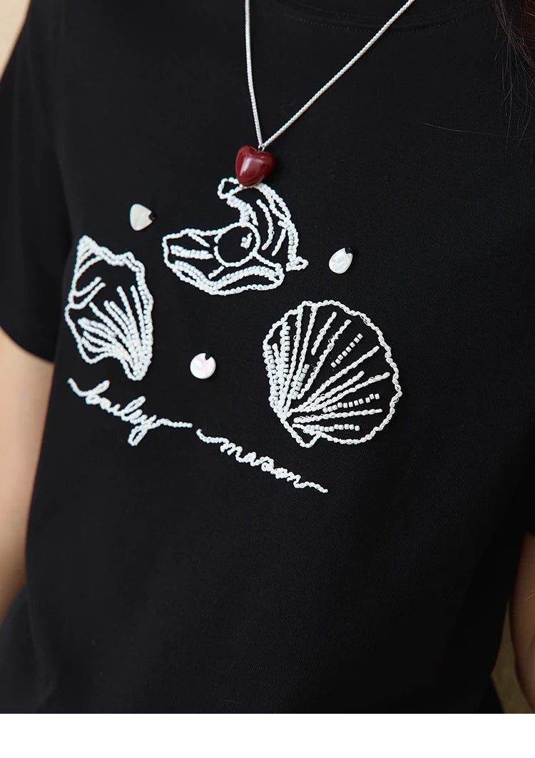 MISHOW Women's Shell Embroidered T-shirt 2025 Summer Short Sleeve Cotton Blend Tops Loose Slim Round Neck Casual Tees MXE34T0570