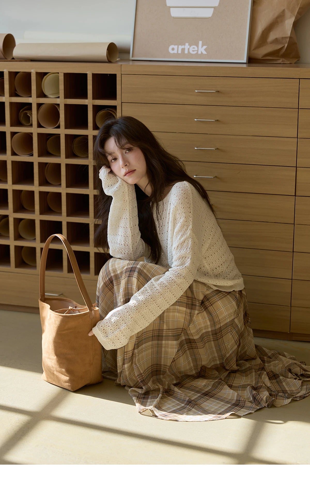 MISHOW Coffee Plaid Skirt 2025 Autumn Asymmetrical Hem Skirts Female Retro Side Zipper Commuting A-line Midi Skirt MXE42B2377