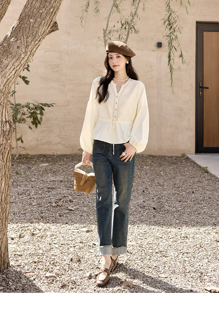 MISHOW Women's French V-neck Blouse Lace Lantern Sleeve Long-sleeved Blouses 2024 Fall Tie Drawstring Waist Slim Tops MXD45X1660