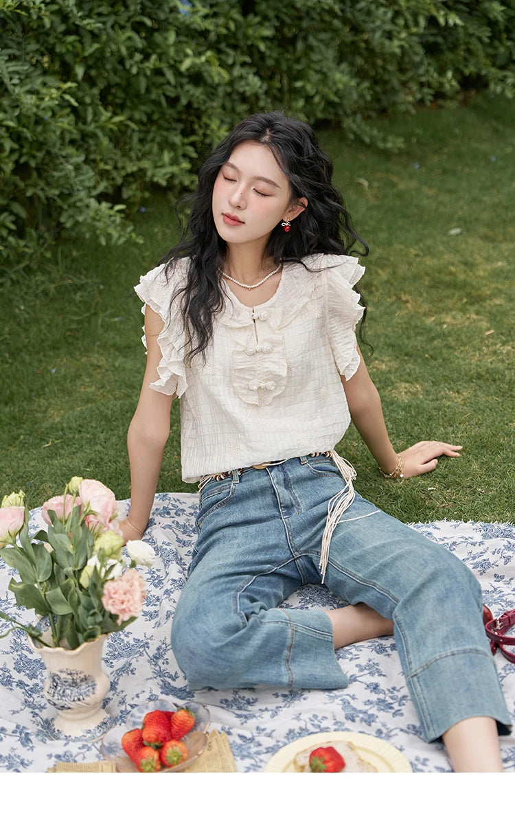 MISHOW Chinese Retro Button Up Blouse for Women 2024 Summer Flying Sleeve Chiffon Embroidery V-Neck Top with Camisole MXD21X1374