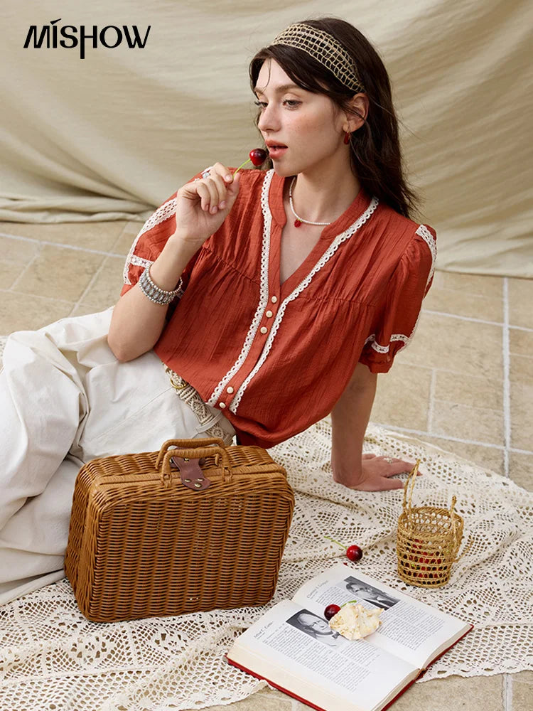 MISHOW French New Blouses Women Summer New 2025 Short Sleeve V-neck Color Matching Shirts Female Fashion Lazy Style MXE31X1766