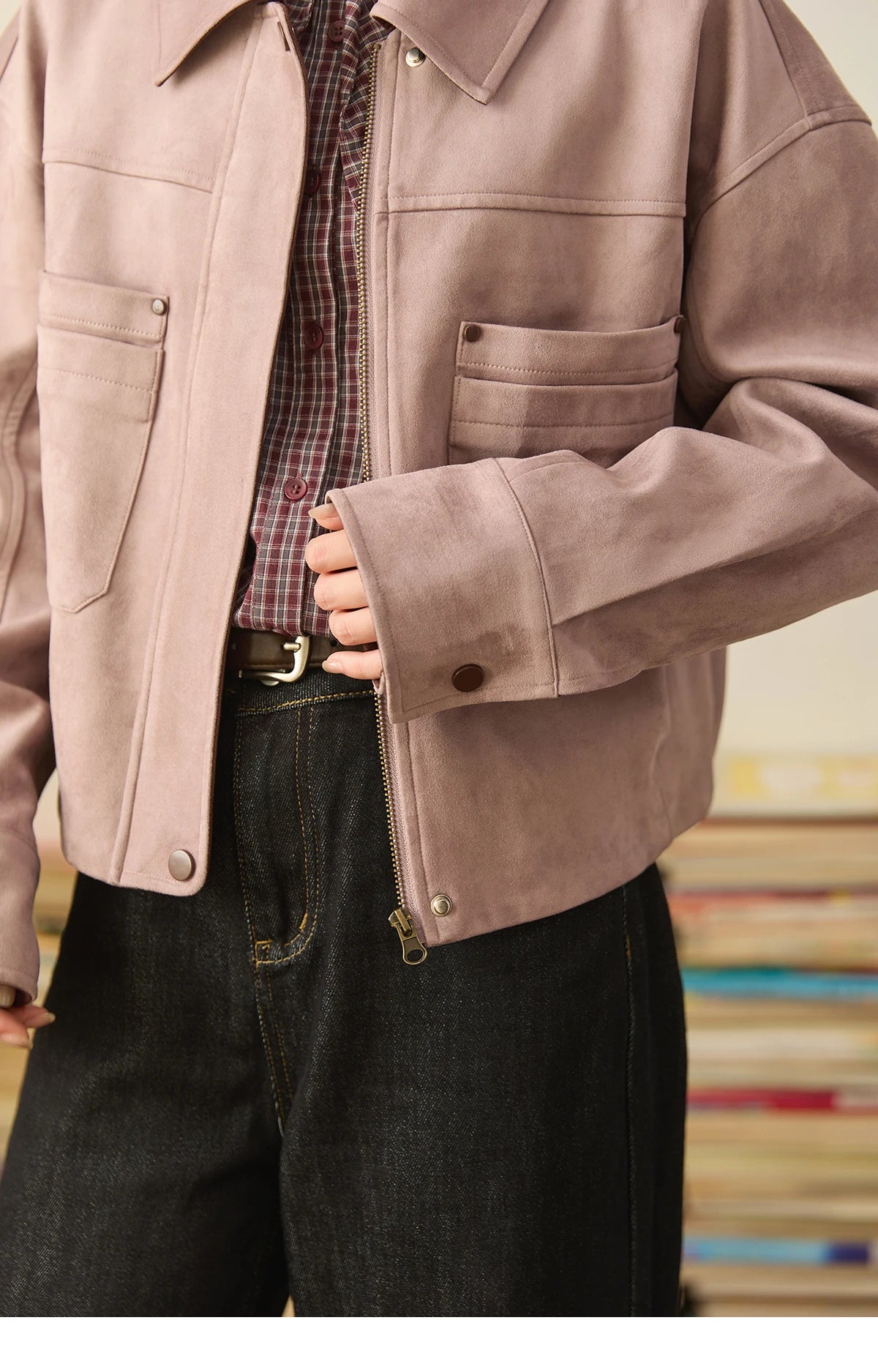 MISMHOW Taro Purple Leather Jacket Autumn 2025 Contrasting Splic Short Jackets Symmetrical Double-layer Pocket Coat MXE44W0816