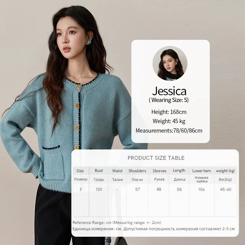 MISHOW Women's Yellow Knitted Cardigan 2025 Autumn Winter Color Collision Edge Sweater Pockets Loose Warm Casual Tops MXE94Z2973