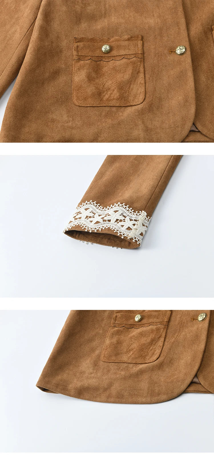 MISHOW Fragrant Suede Jacket for Women Autumn 2025 Cuffs Hollowed Out Lace Short Coats O-neck Metal Button Jackets MXE46W0839