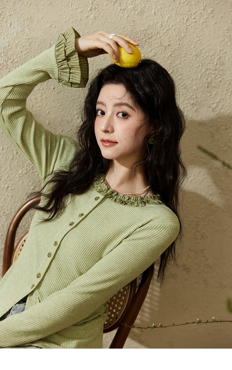 MISHOW Green Plaid Knitted Top 2025 Spring Lotus Leaf Sleeves Tees Slim Long Sleeve Curled Collar Single Breasted Top MXE14Z1152