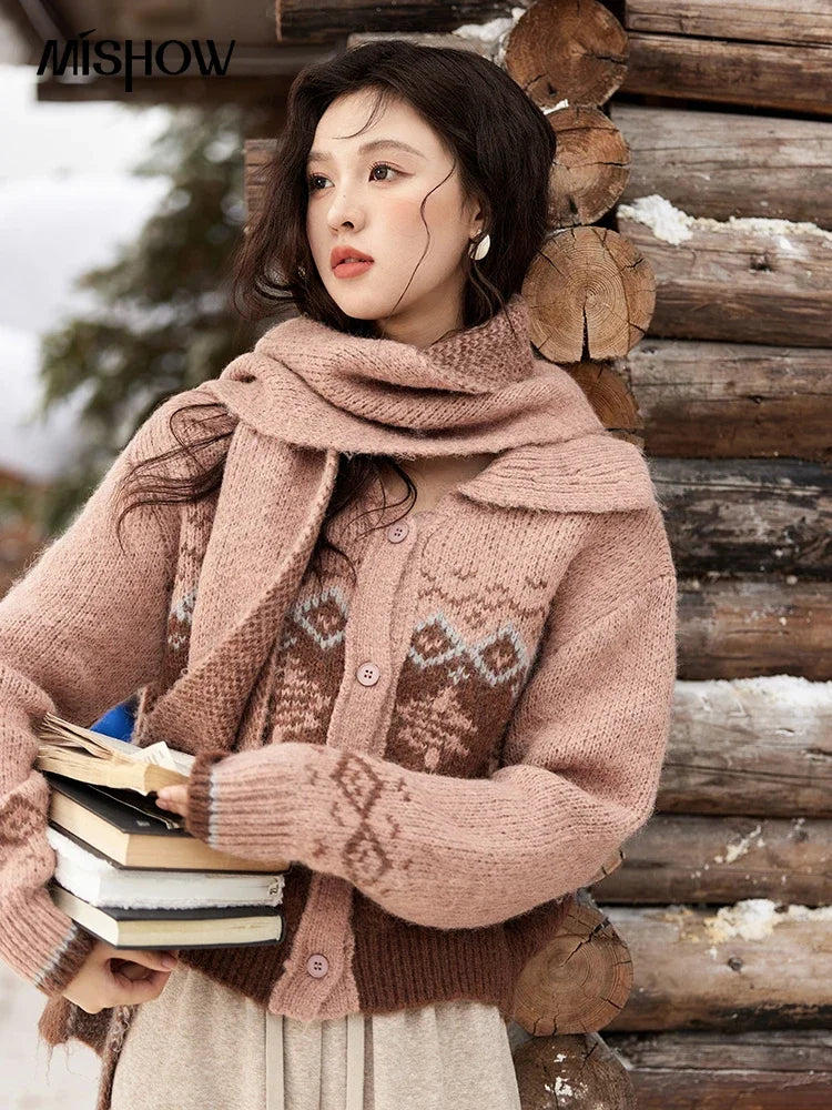 MISHOW Fair Isle Knitting Sweater Christmas Retro Cardigan Women Temperament Turn Down Collar Soft Warm Knitted Coat MXD58Z1036