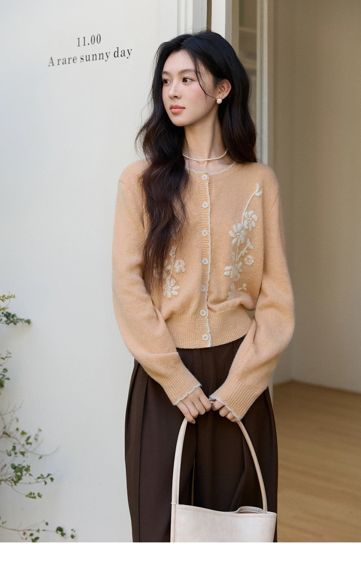 MISHOW Women's Camel Knitted Cardigan 2026 Spring Floral Embroidery Crew Neck Tops Button Warm Loose Cropped Sweater MXF11Z2896