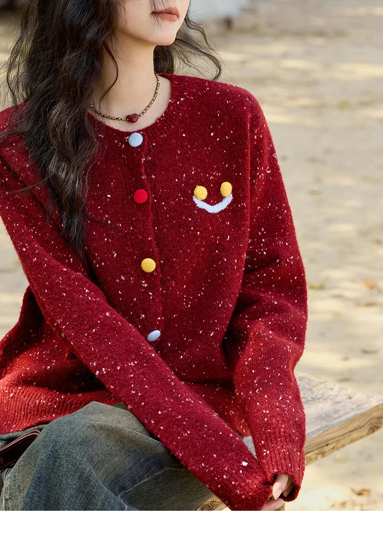 Mishow Smile Embroidery Contrast Color Wool Cardigan MXD35Z0988