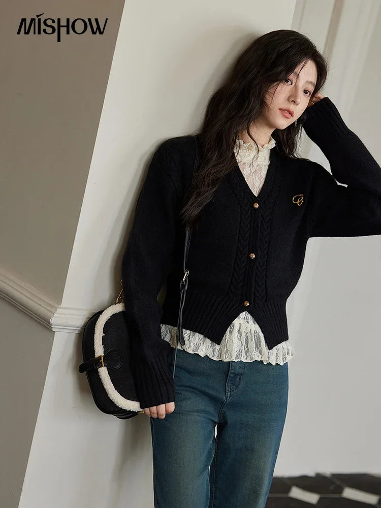 MISHOW Elegant V-neck Sweater Women's Long-sleeved Knitted Jacket 2025 Fall Winter New Korean Vintage Short Cardigan MXD48Z0848
