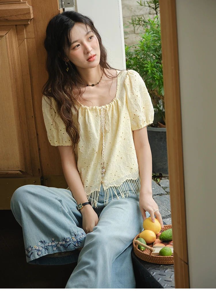 MISHOW Women's Fashion Hollow Out Blouse Summer 2025 Embroidery Puff Sleeve Square Collar Tassel Ladies Casual Top MXE37X1851