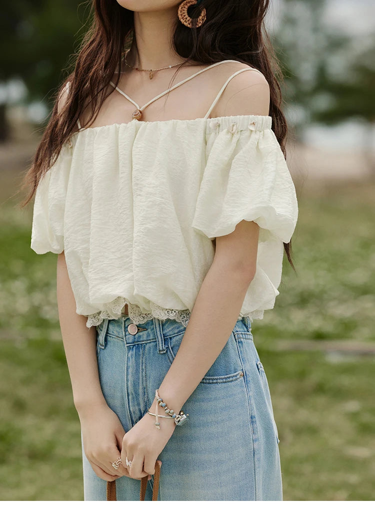 MISHOW French Summer Camisole Shirt Female 2025 New Solid Off-shoulder Short Sleeve Lace Tops Fashion Gentle Blouses MXE33X1755