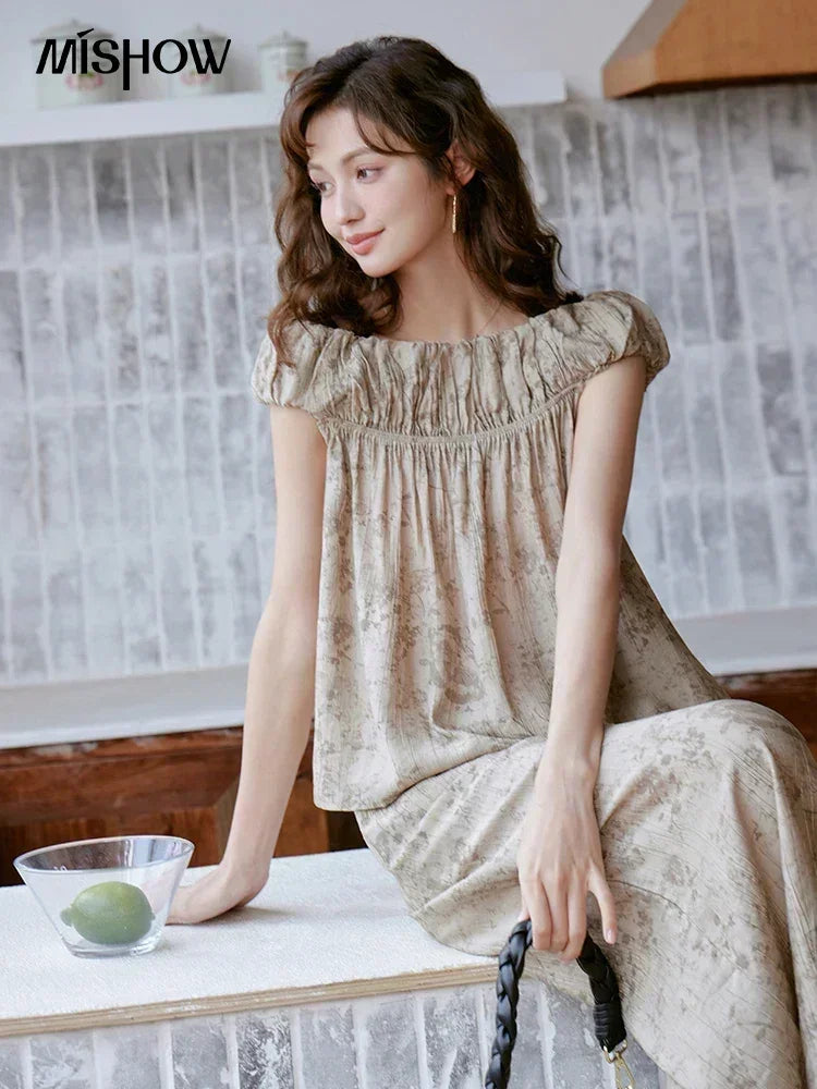 MISHOW Ink Printing Slash Neck Top Wide Leg Trouser Separately Summer Elastic Waist Pants Folds Chiffon Office Lady MXC39X1298