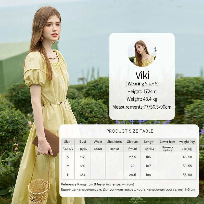 MISHOW 100 Cotton Bohemian Dress 2024 Summer French Elegant Elastic Round Neck Bubble Sleeve Long Dresses with Belt MXD26L1940