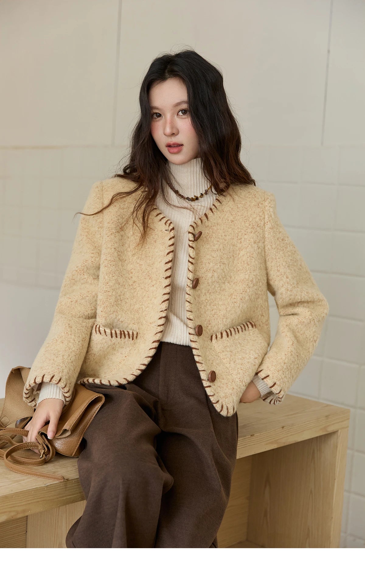 MISHOW Women Winter Jacket 2025 Fashion New Apricot Round Neck Single-breasted Wool Coat Elegant Commuting Short Coat MXE88W0885
