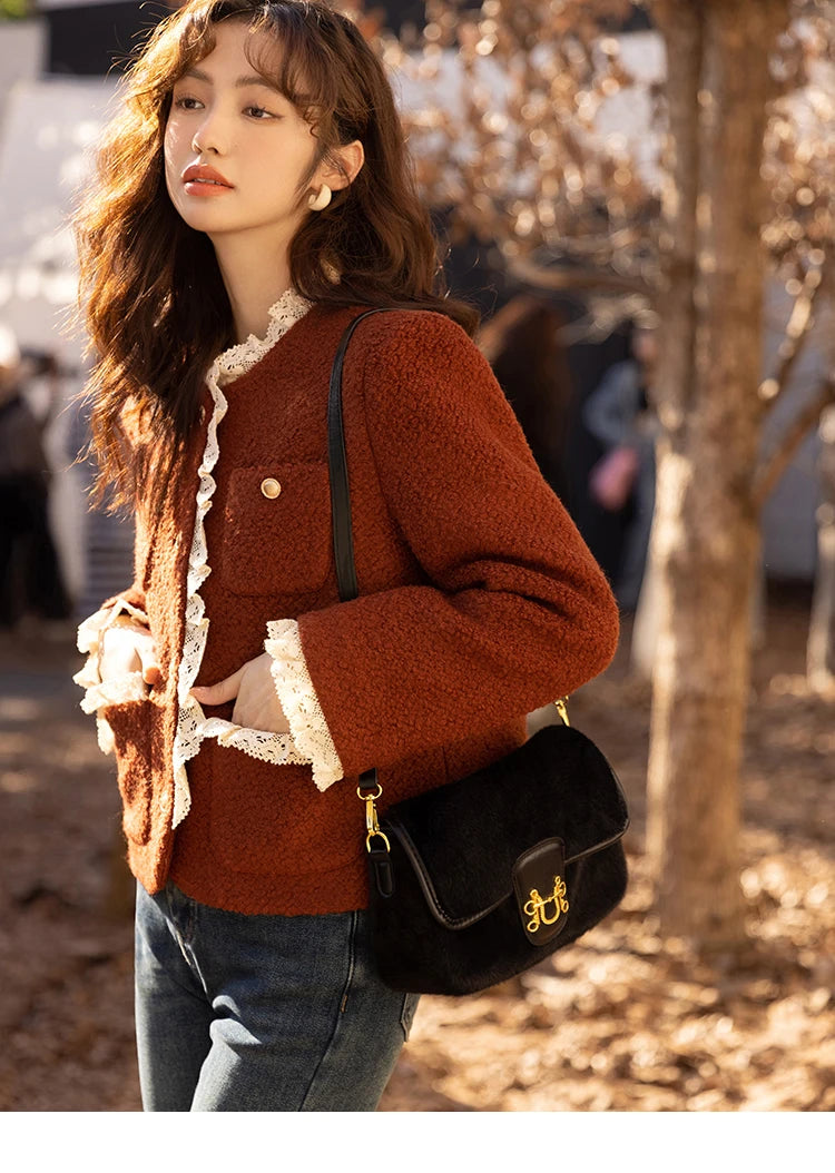 MISHOW Wool Coat for Women Winter Korean Retro Lace Splicing Lamb Wool Button Pockets Thickened Warm Female Coat MXB43W0720