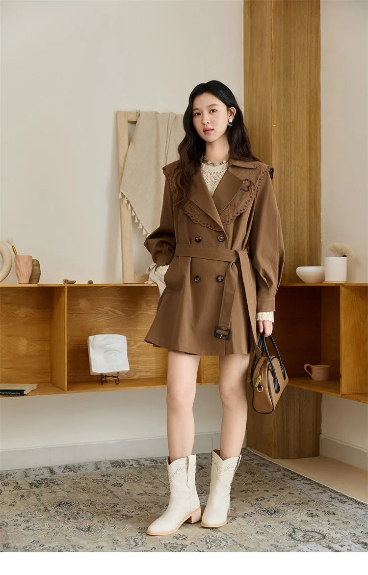 MISHOW Women's Trench Coat 2025 Autumn Hollow Embroidery Mid-length Windbreaker Double-breasted Belt Retro Jacket MXE46W0862