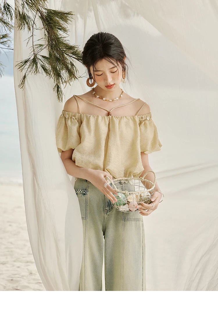 MISHOW French Summer Camisole Shirt Female 2025 New Solid Off-shoulder Short Sleeve Lace Tops Fashion Gentle Blouses MXE33X1755