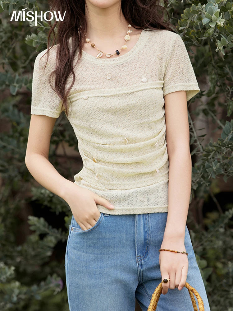 MISHOW Solid Office Lady Summer Shirts for Women 2025 New Short Sleeve Round Neck Knitted T-shirt Female Fashion Slim MXE32Z1232