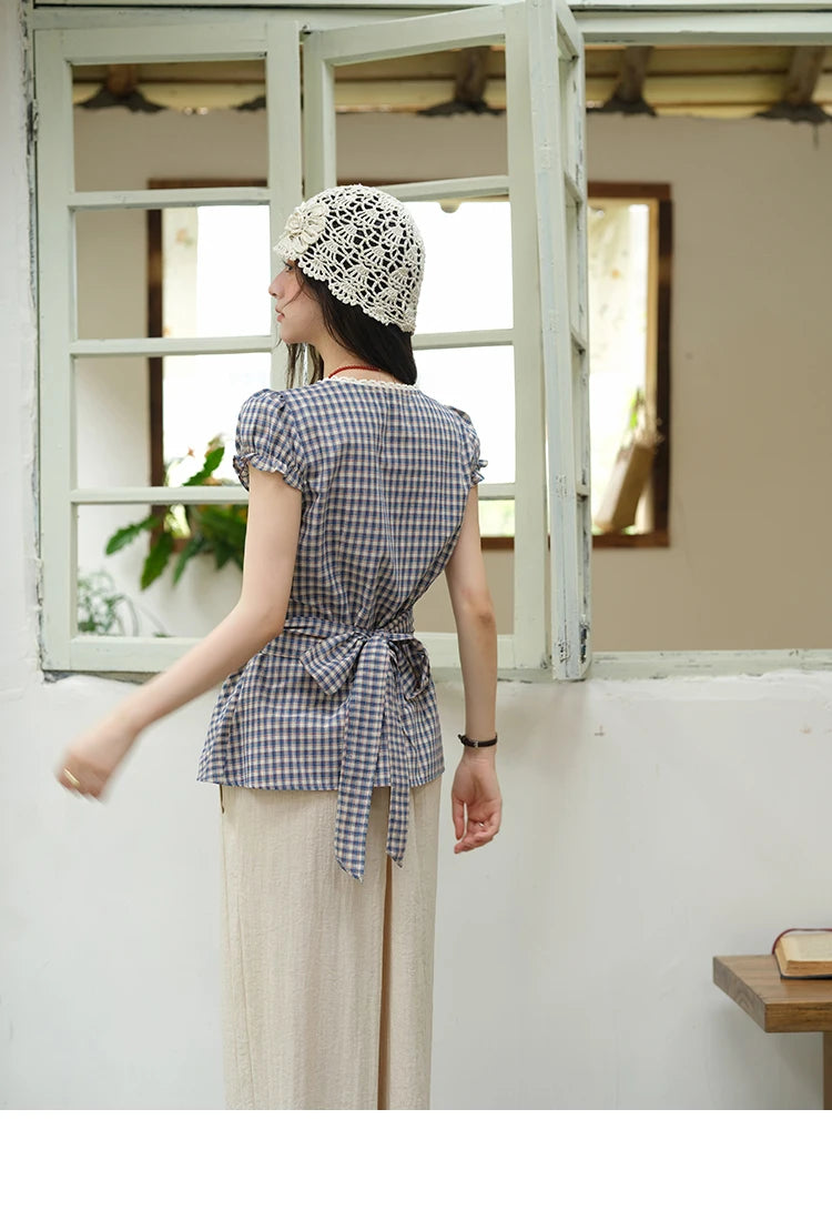 MISHOW Women's Garment Sleeves Plaid Shirt 2025 Summer New Fashion Lace V-neck Shirt Button Belt Top Female Clothing MXE36X1814