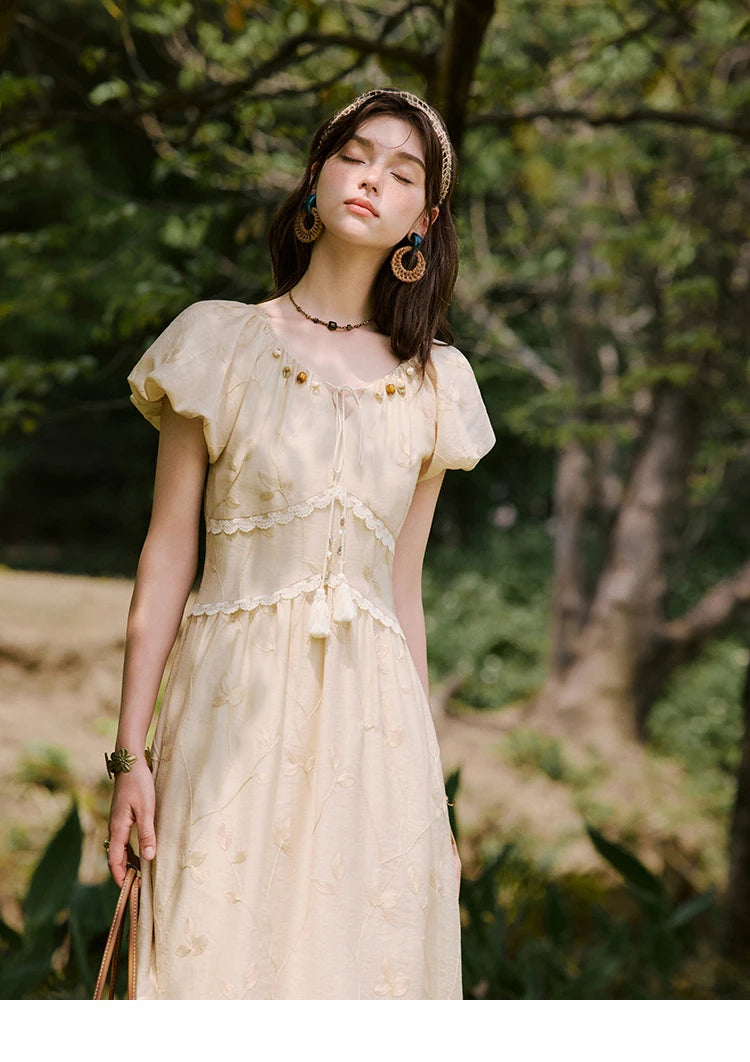 MISHOW Print Office Lady Dress Women Summer 2025 Short Sleeve Round Neck Beaded Neckline Slim Waist Dresses Female MXE33L2208