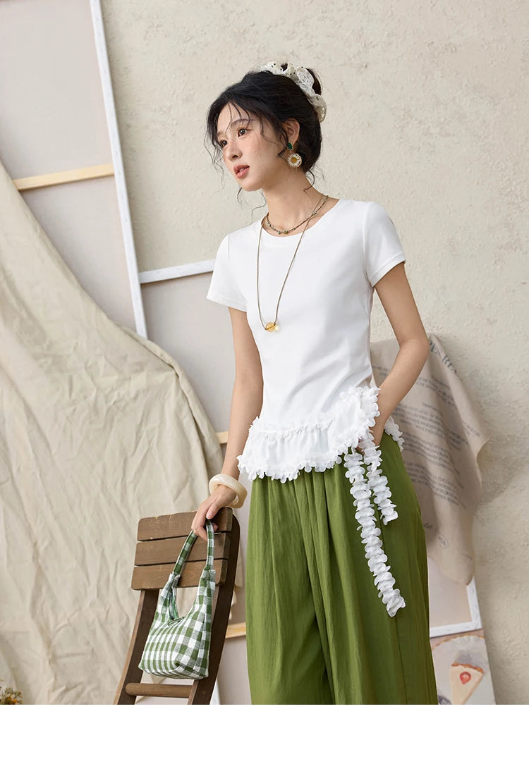 MISHOW White Ruffled T-shirt for Women Summer 2025 Round Neck Loose Slim Cotton Casual Tees with Red Lanyard Necklace MXE34T0557