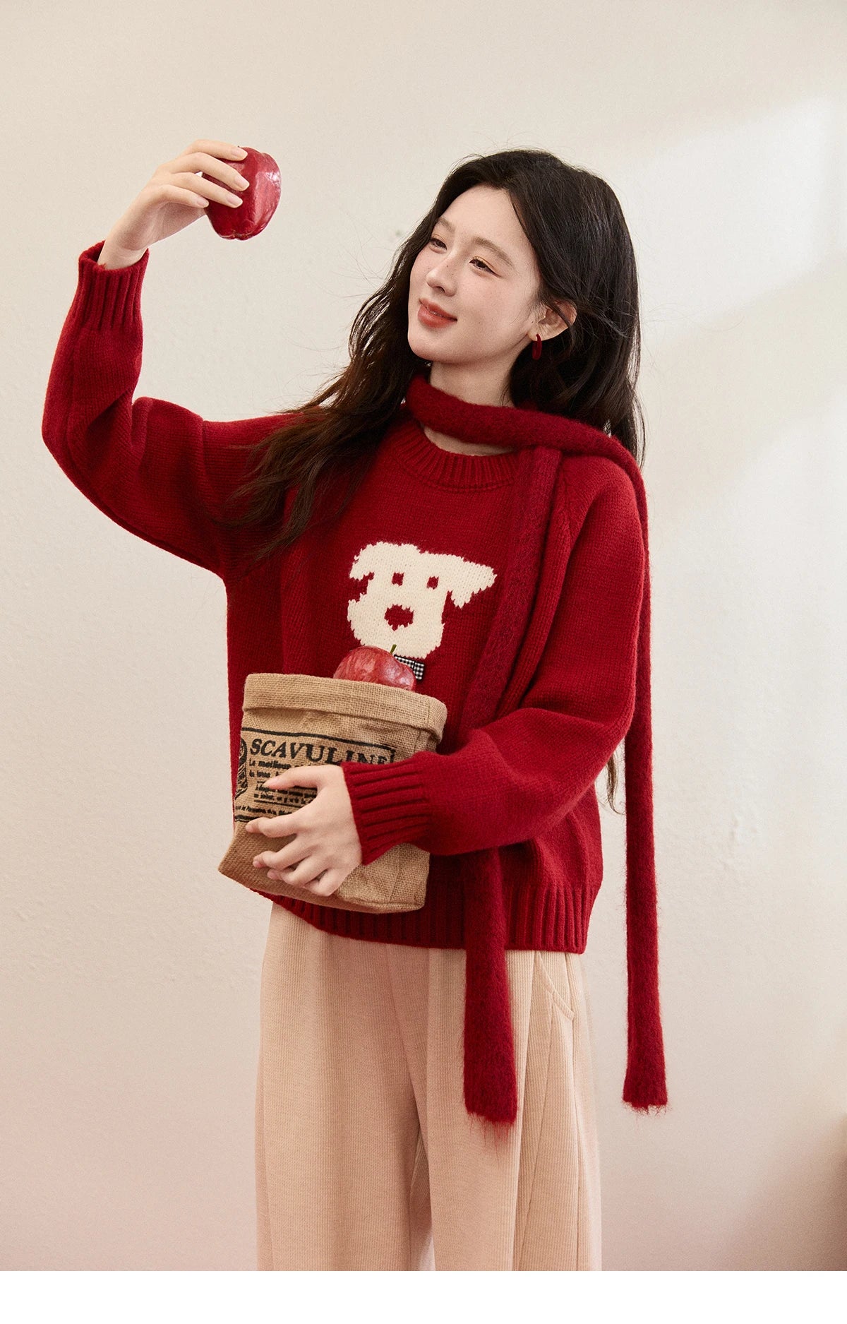 MISHOW New Year Women's Puppy Jacquard Crew Neck Knit Sweater 2026 Spring Loose Casual Red Sweater Excluding Scarf MXE93Z2932