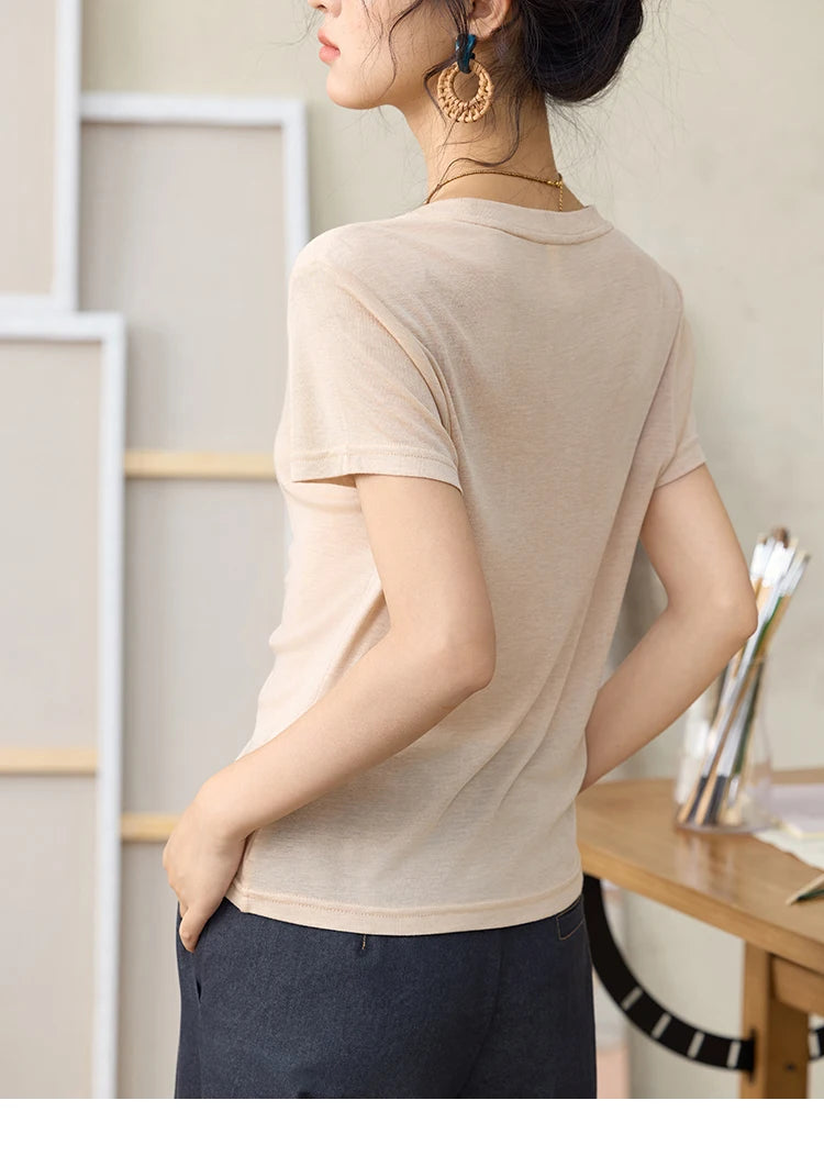 MISHOW V-neck Short Sleeve T-shirt Summer 2025 Mid Front Elastic Fold Single Row Shell Button Tees Casual Slim Tops MXE34T0560