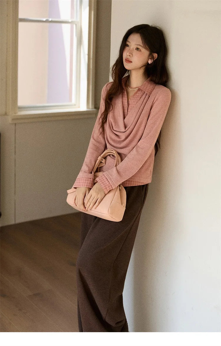 MISHOW Women Knit Top 2025 Winter Faux Two-piece Pullovers Retro Plaid Patchwork Draped Collar Luxury Design Pink Top MXE87Z2747