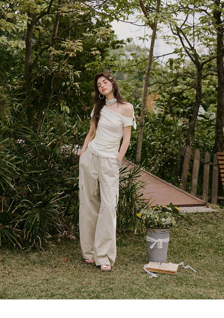 MISHOW Apricot Cargo Pants for Women in Summer 2025 Lace Patchwork Casual Pants Drawstring Elastic Waisted Trousers MXE33K0935